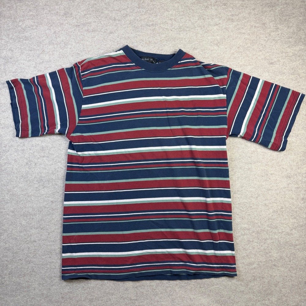 Vintage Anchor Blue Striped T-Shirt Mens Medium Navy Burgundy 90s Cotton Tee